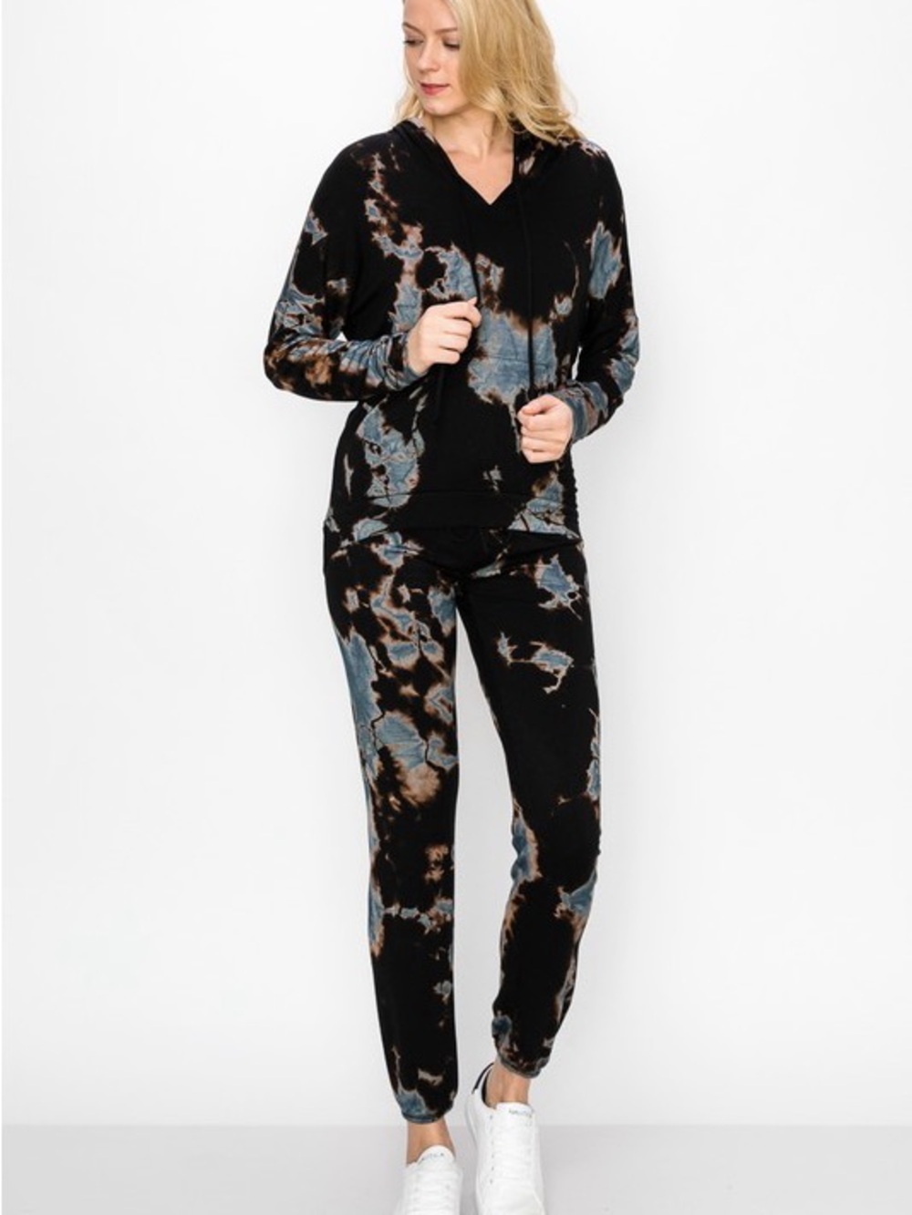 Enti Lounge Set w marble tie dye print‎ pants & hoody top pullover black blue L